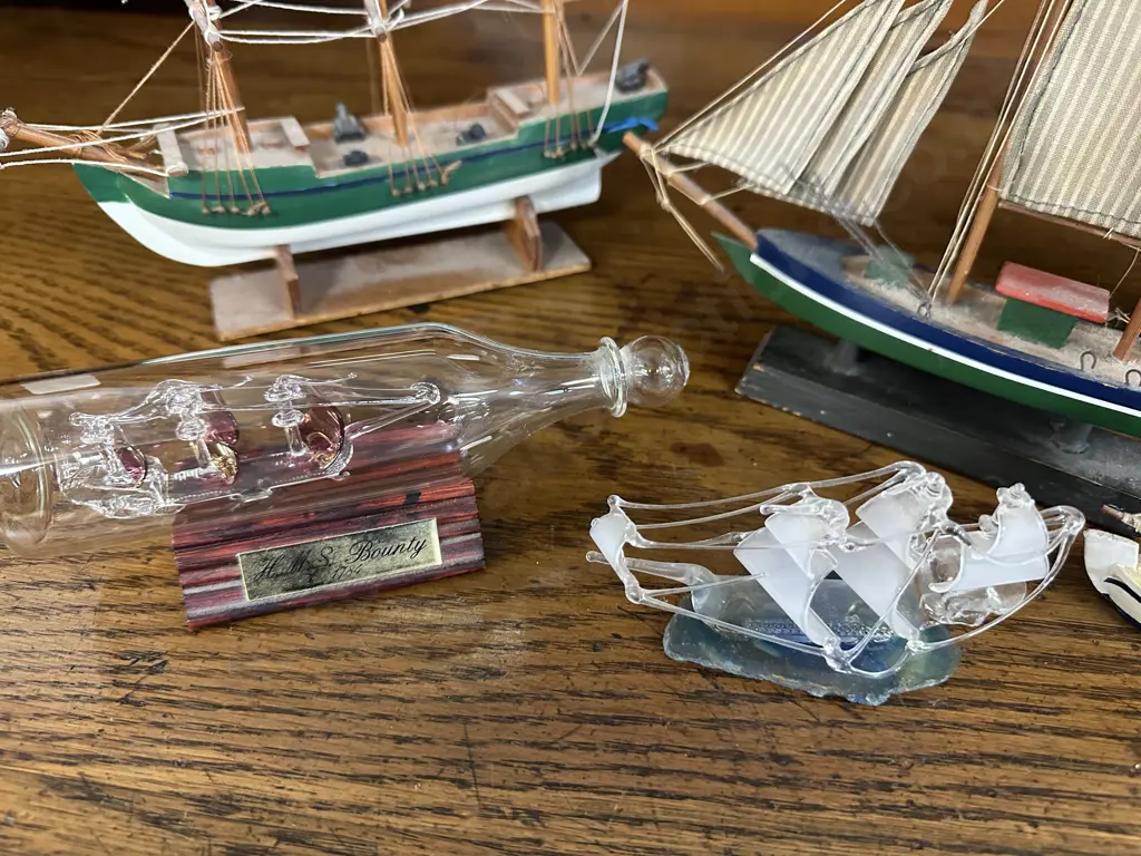 Selection Of Vintage Wooden Model Sailing Ships, H.M.S Bounty In Glass Bottle Etc (as found) Image 1++