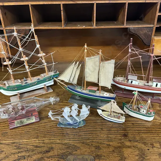 Selection Of Vintage Wooden Model Sailing Ships, H.M.S Bounty In Glass Bottle Etc (as found)