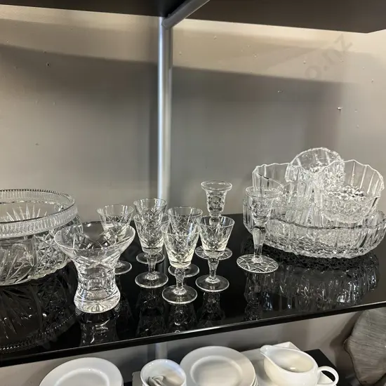 Selection Of Crystal Items Including Candle Holders, Vase, Sherry Glasses Etc