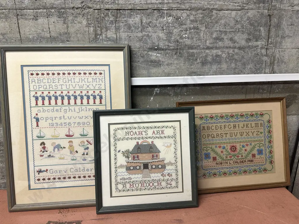 Assorted Framed Cross Stitch Artworks x3 Including Alphabet & Noahs Ark Image 1++