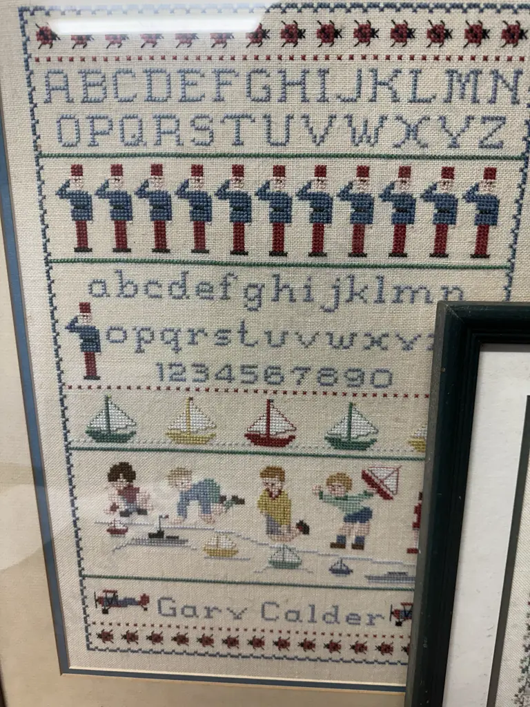 Assorted Framed Cross Stitch Artworks x3 Including Alphabet & Noahs Ark Image 1++