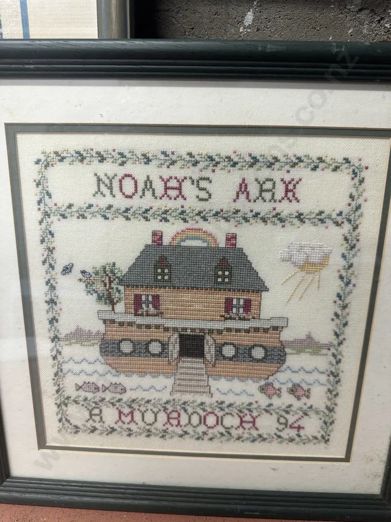 Assorted Framed Cross Stitch Artworks x3 Including Alphabet & Noahs Ark Image 1++
