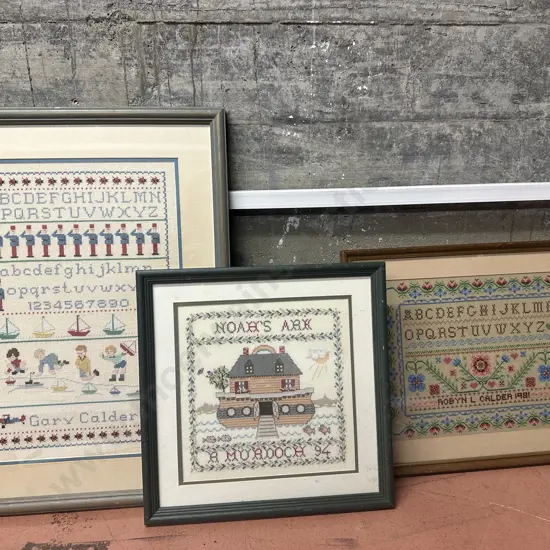 Assorted Framed Cross Stitch Artworks x3 Including Alphabet & Noahs Ark