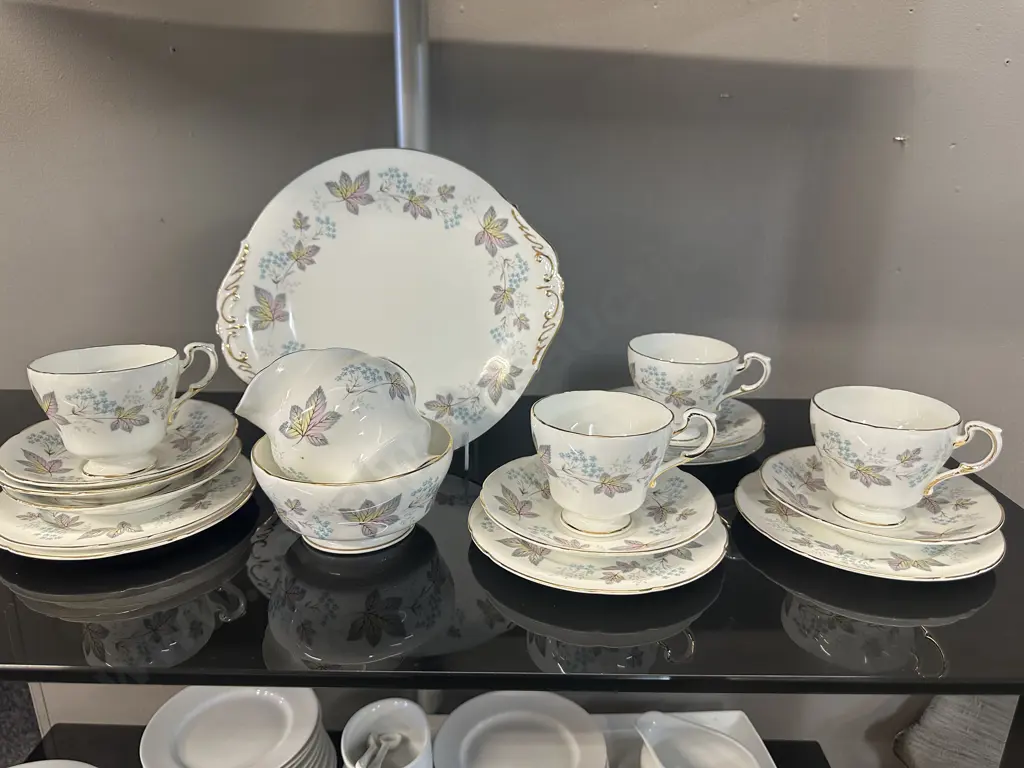 Vintage Paragon Teaware 'Enchantment' Including Four Trios, Cake Plate,  Sugar Bowl & Creamer Image 1++