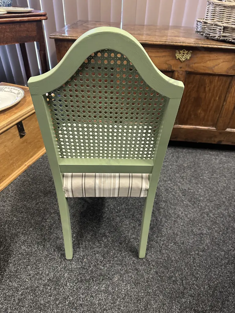 Vintage Green Painted Cane Full Bedroom Chair Striped Upholstery Image 1++