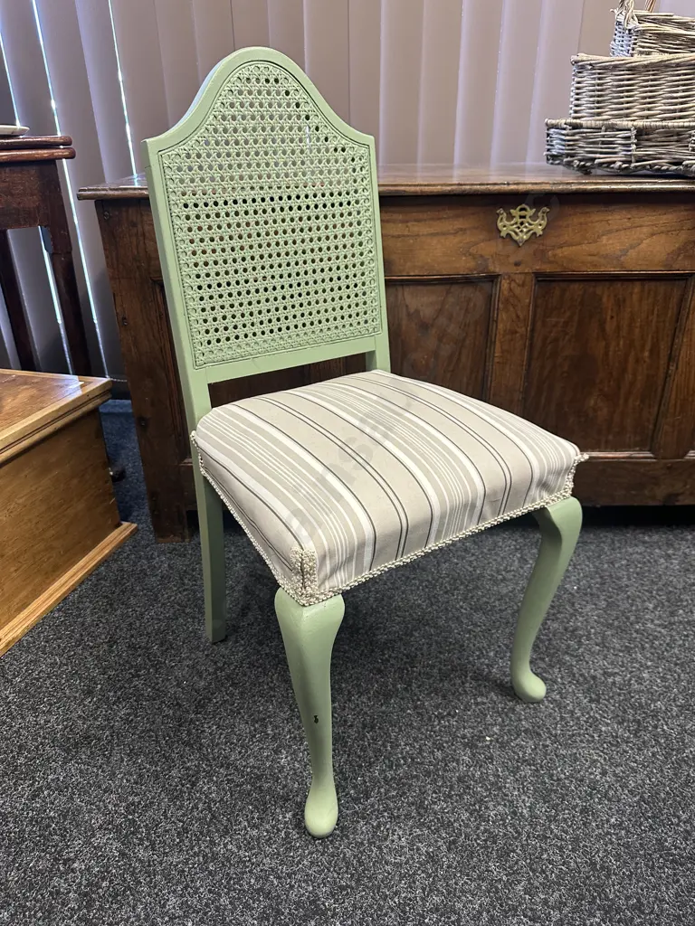 Vintage Green Painted Cane Full Bedroom Chair Striped Upholstery Image 1++