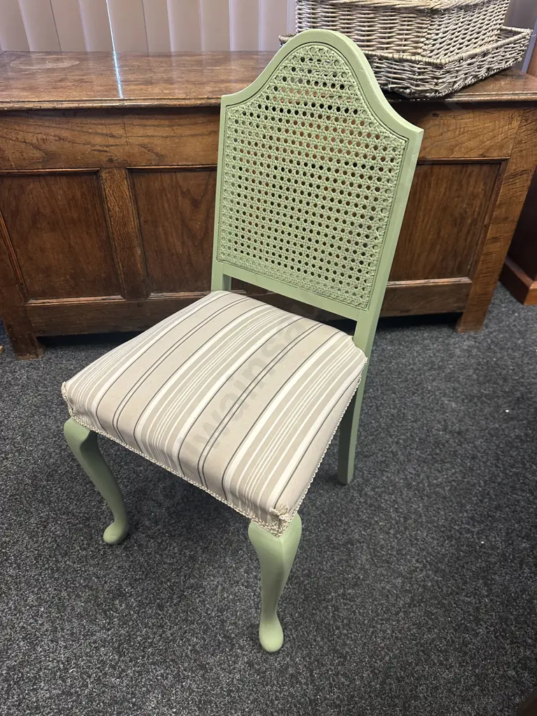 Vintage Green Painted Cane Full Bedroom Chair Striped Upholstery Image 1++
