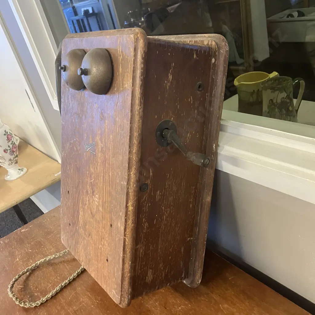 1930's Ericsson (England) Magneto Wall Telephone, Oak Case, Moulded Bakelite Handset Image 1++