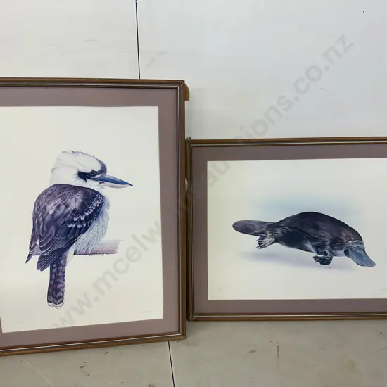 Pair Of Vintage Framed Limited Edition Prints Signed Zuarve'86 Kookaburra 293/700 H58x45cm, Platypus 295/750 H45x58cm.
