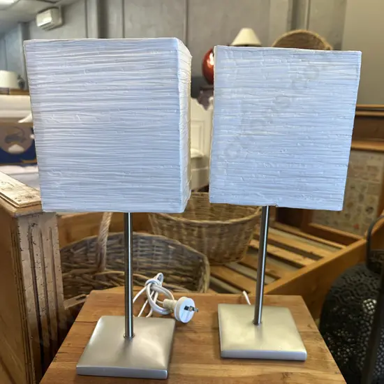 Pair Of Orbit Lighting Table Lamps With Cream Shades H41cm.