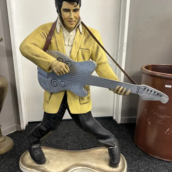 Life Size Resin Statue Of Elvis Presley In Classic Pose Plating His Guitar H96,W70cm.
