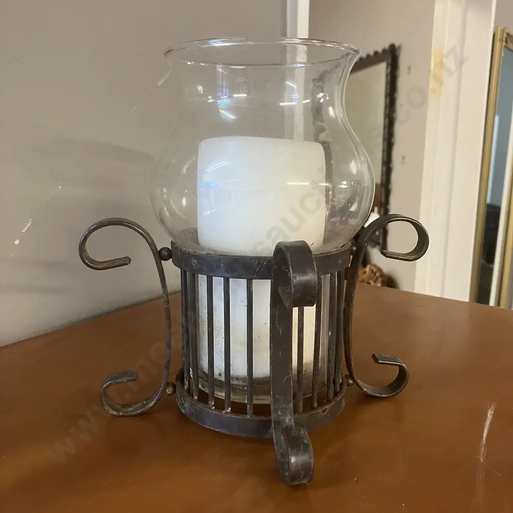 Glass Hurricane Candle Holder With Steel Base. 21cm Image 1++