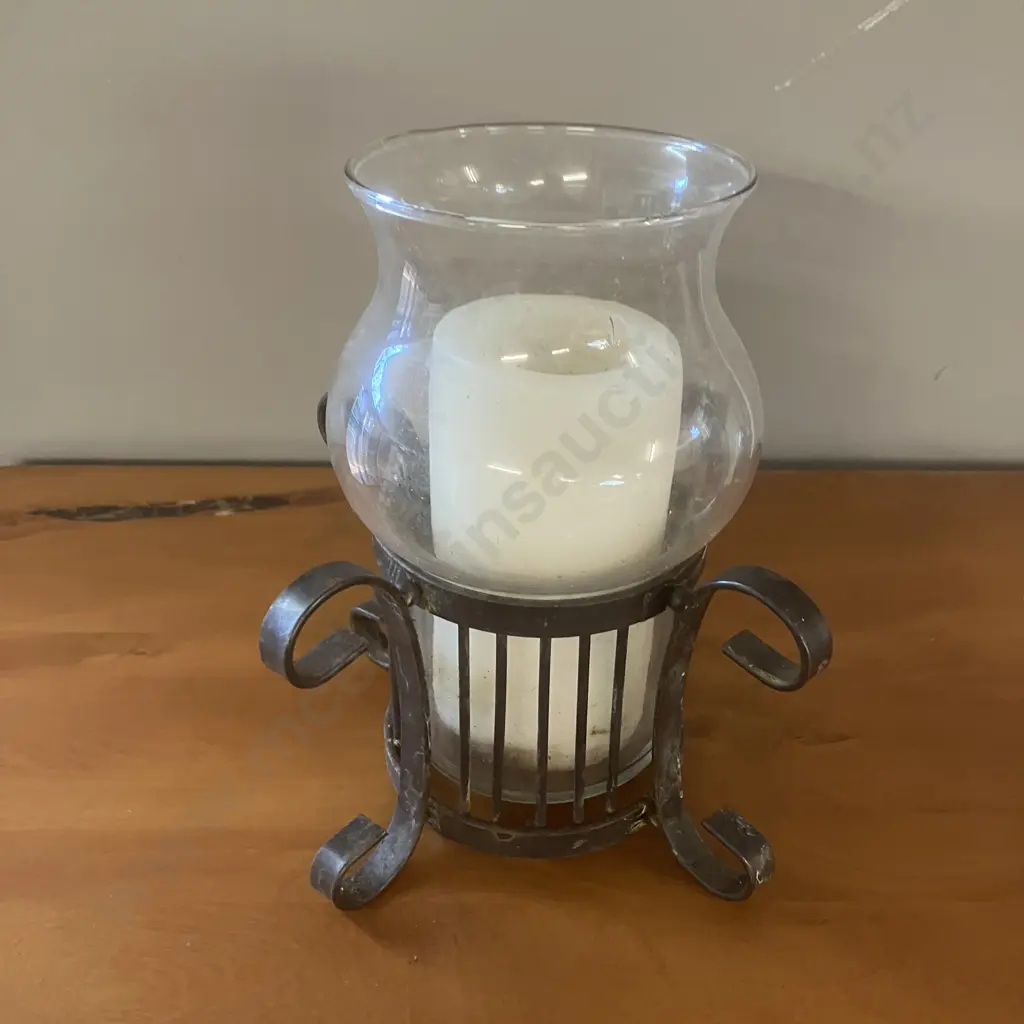 Glass Hurricane Candle Holder With Steel Base. 21cm Image 1++