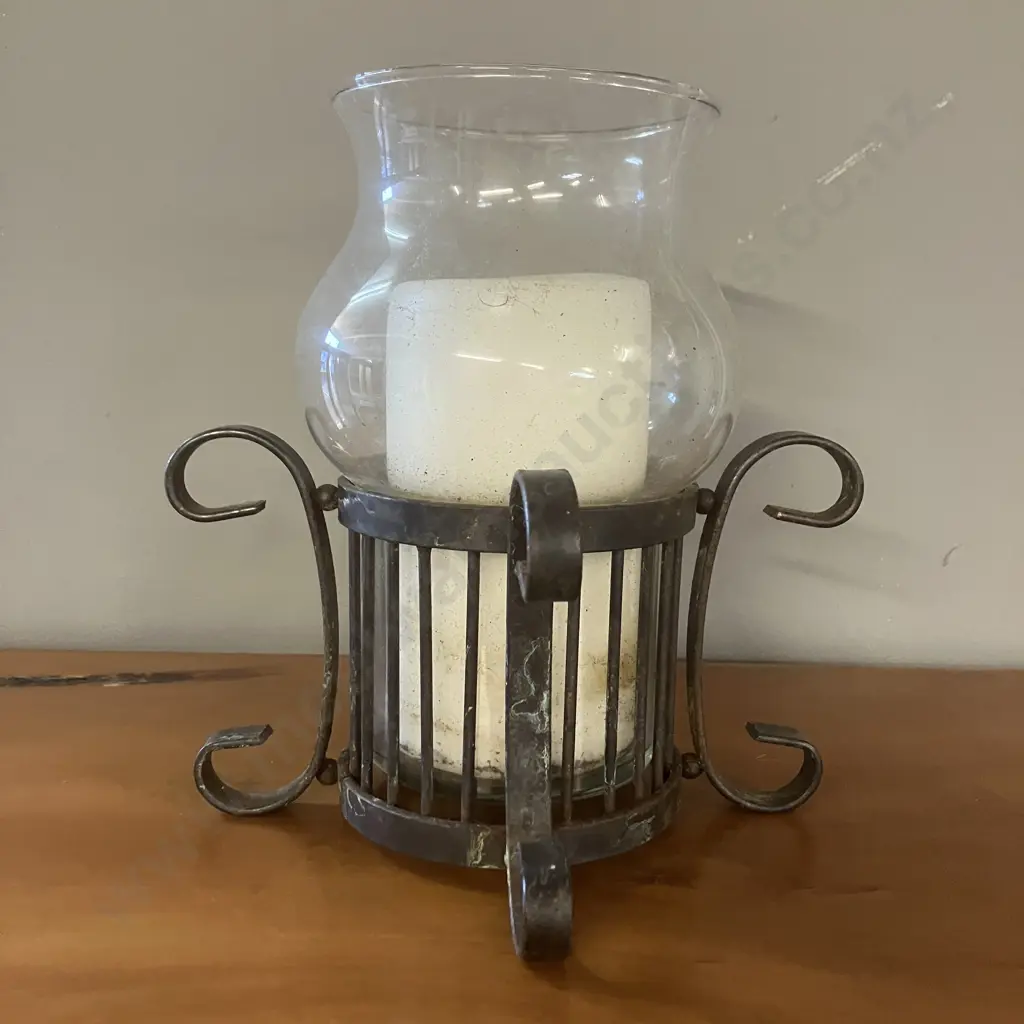 Glass Hurricane Candle Holder With Steel Base. 21cm Image 1++