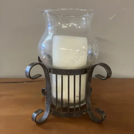 Glass Hurricane Candle Holder With Steel Base. 21cm