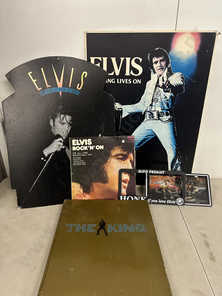 Elvis Presley Memorabilla Including Elvis Rock'N'On Lp, Tin Sign, Posters & The King Book (Damaged) Image 1++