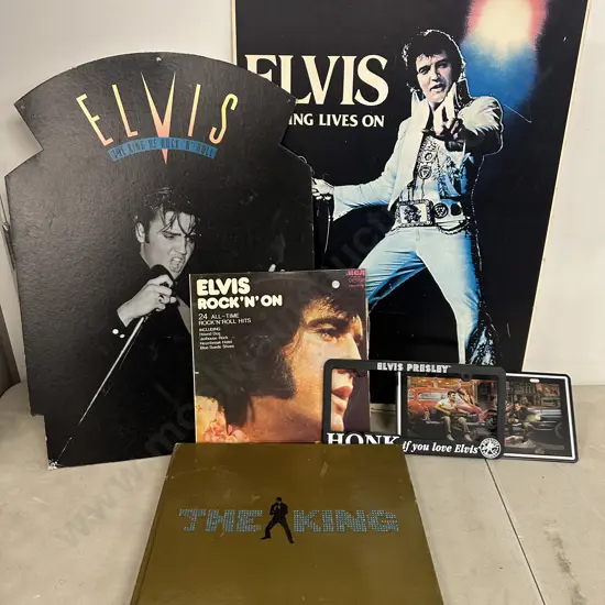 Elvis Presley Memorabilla Including Elvis Rock'N'On Lp, Tin Sign, Posters & The King Book (Damaged)