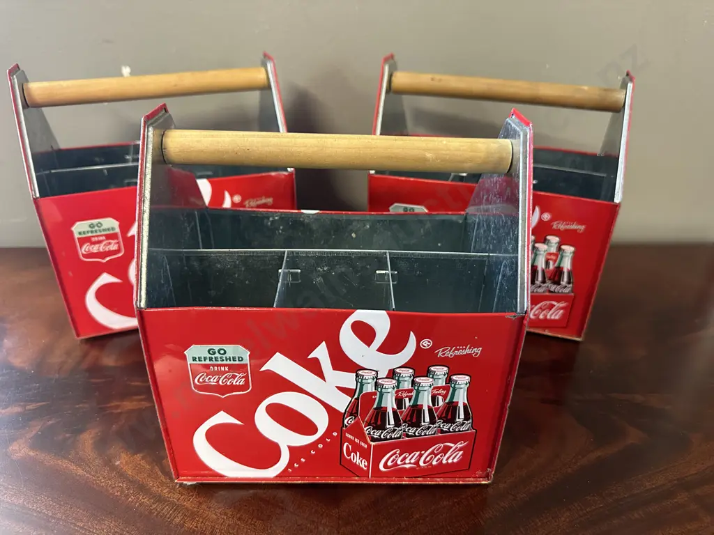 Retro Coke Cola Metal Tin Picnic Caddy/Napkin & Utensil Tote x3 Image 1++