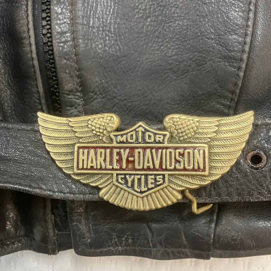 New Zealand Made Jet Leather Genuine Cowhide Black Leather Mens Jacket With Brass Harley Davidson Buckle - Size M Image 1++