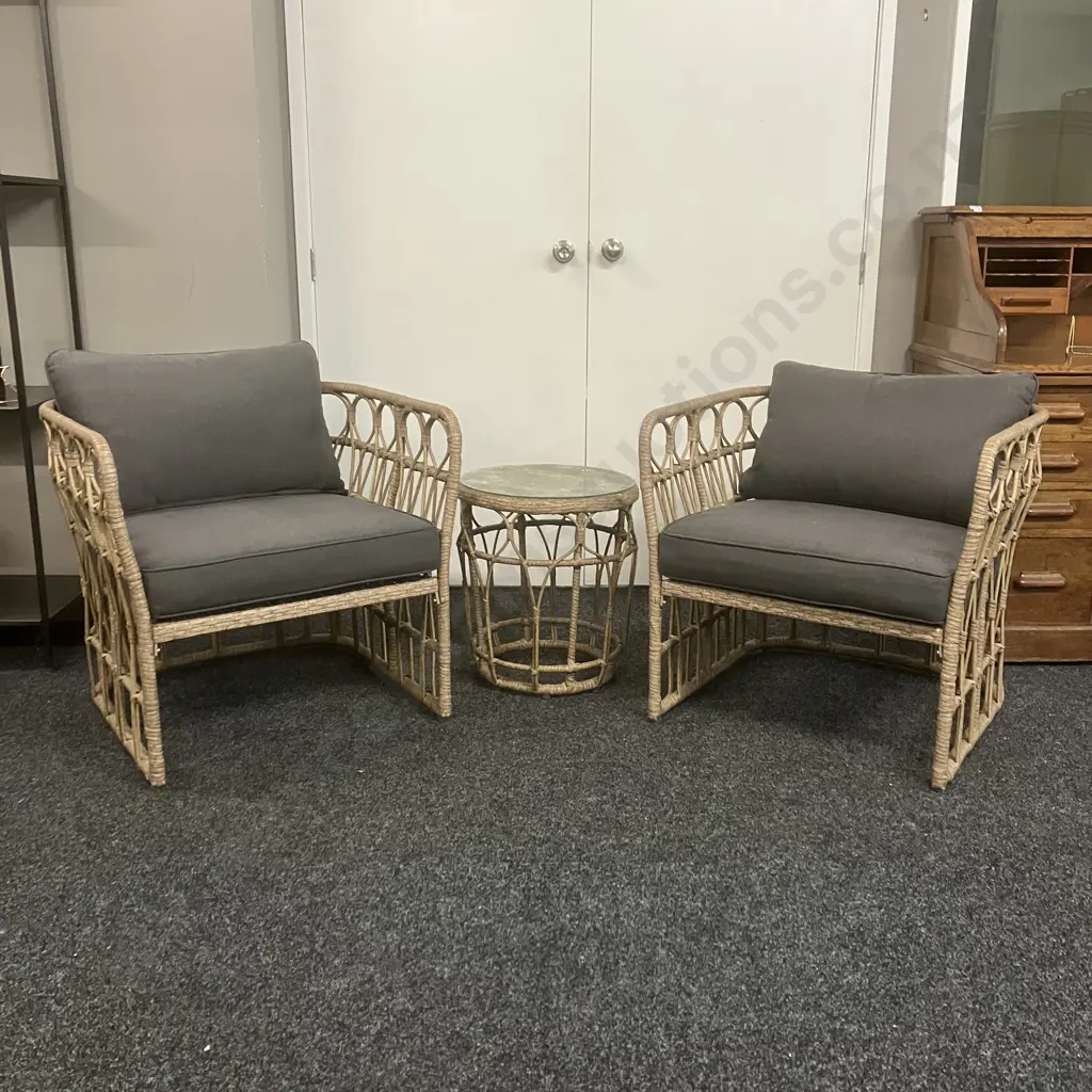 Nouveau Malay All Weather Rattan Wicker 3 Pce Outdoor Lounge Setting. Olefin Cushions, Tempered Glass Table Top Image 1++