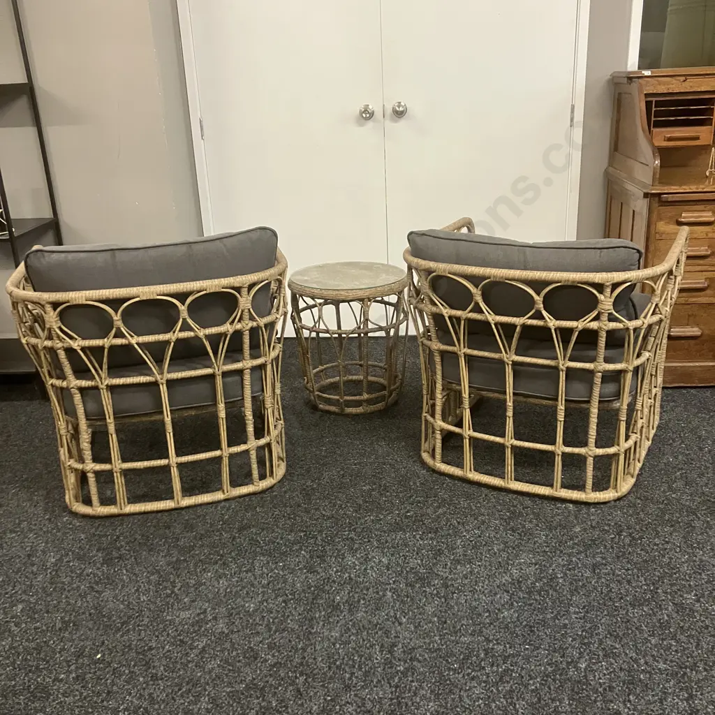Nouveau Malay All Weather Rattan Wicker 3 Pce Outdoor Lounge Setting. Olefin Cushions, Tempered Glass Table Top Image 1++
