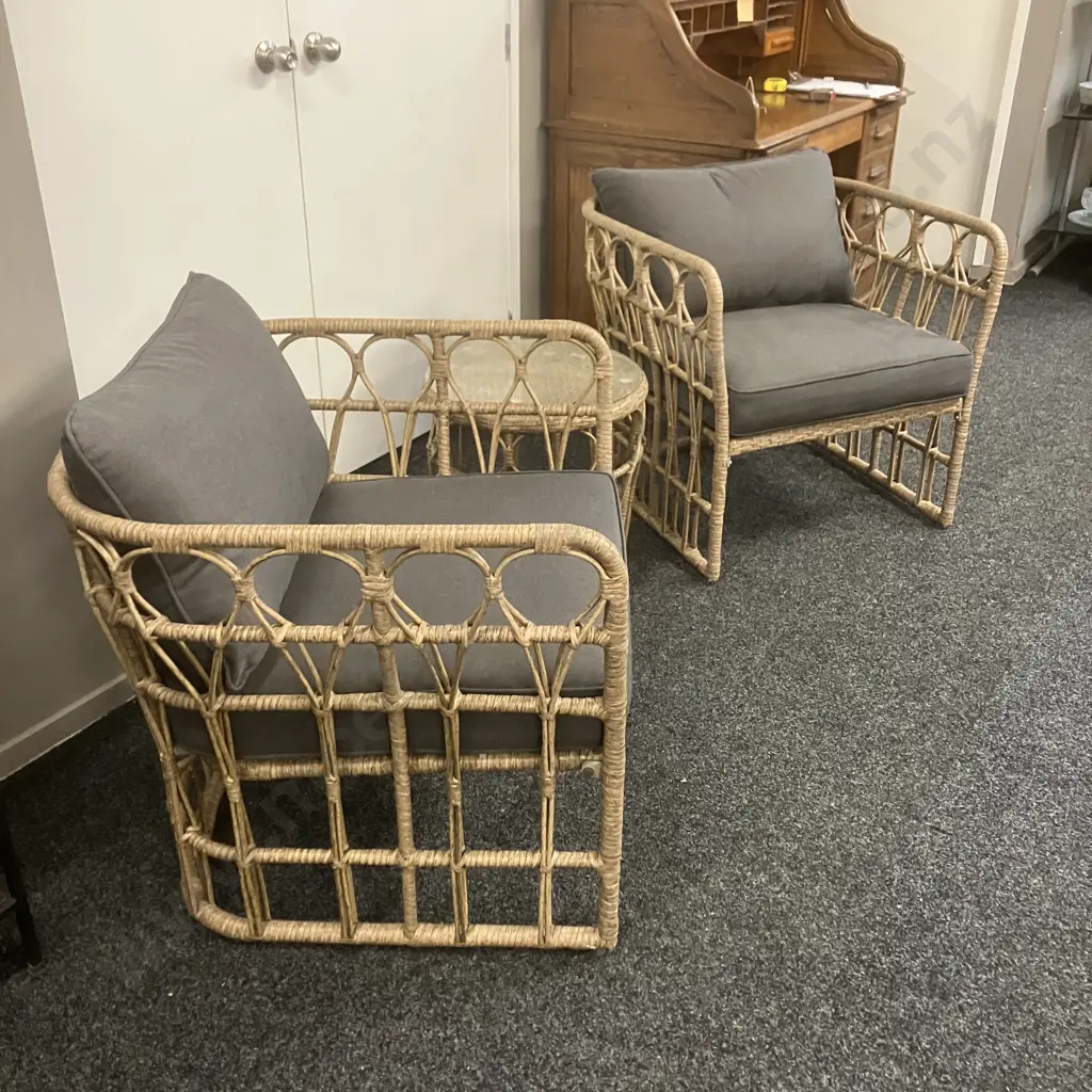 Nouveau Malay All Weather Rattan Wicker 3 Pce Outdoor Lounge Setting. Olefin Cushions, Tempered Glass Table Top Image 1++