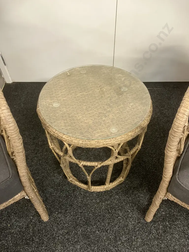 Nouveau Malay All Weather Rattan Wicker 3 Pce Outdoor Lounge Setting. Olefin Cushions, Tempered Glass Table Top Image 1++