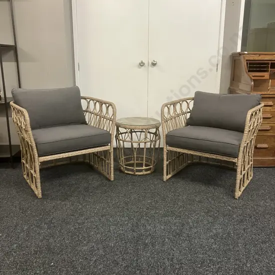 Nouveau Malay All Weather Rattan Wicker 3 Pce Outdoor Lounge Setting. Olefin Cushions, Tempered Glass Table Top