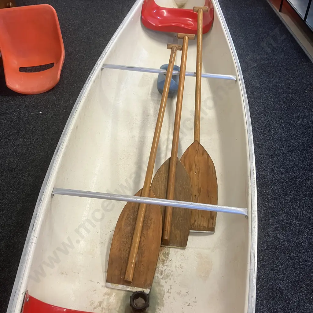 Vintage Novacraft 16' Canadian Canoe With Three Wooden Paddles, Stainless Bracket For Small Outboard Motor Image 1++