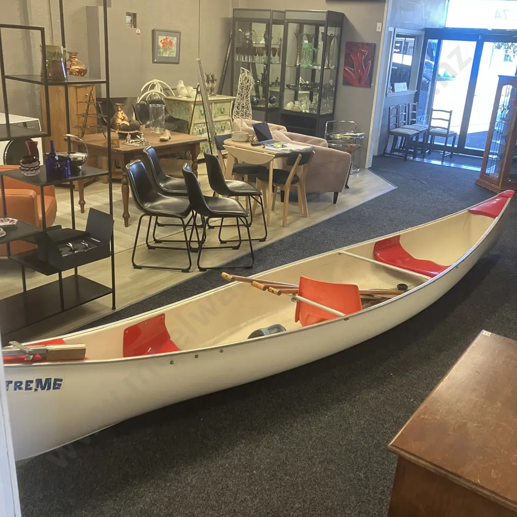 Vintage Novacraft 16' Canadian Canoe With Three Wooden Paddles, Stainless Bracket For Small Outboard Motor Image 1++