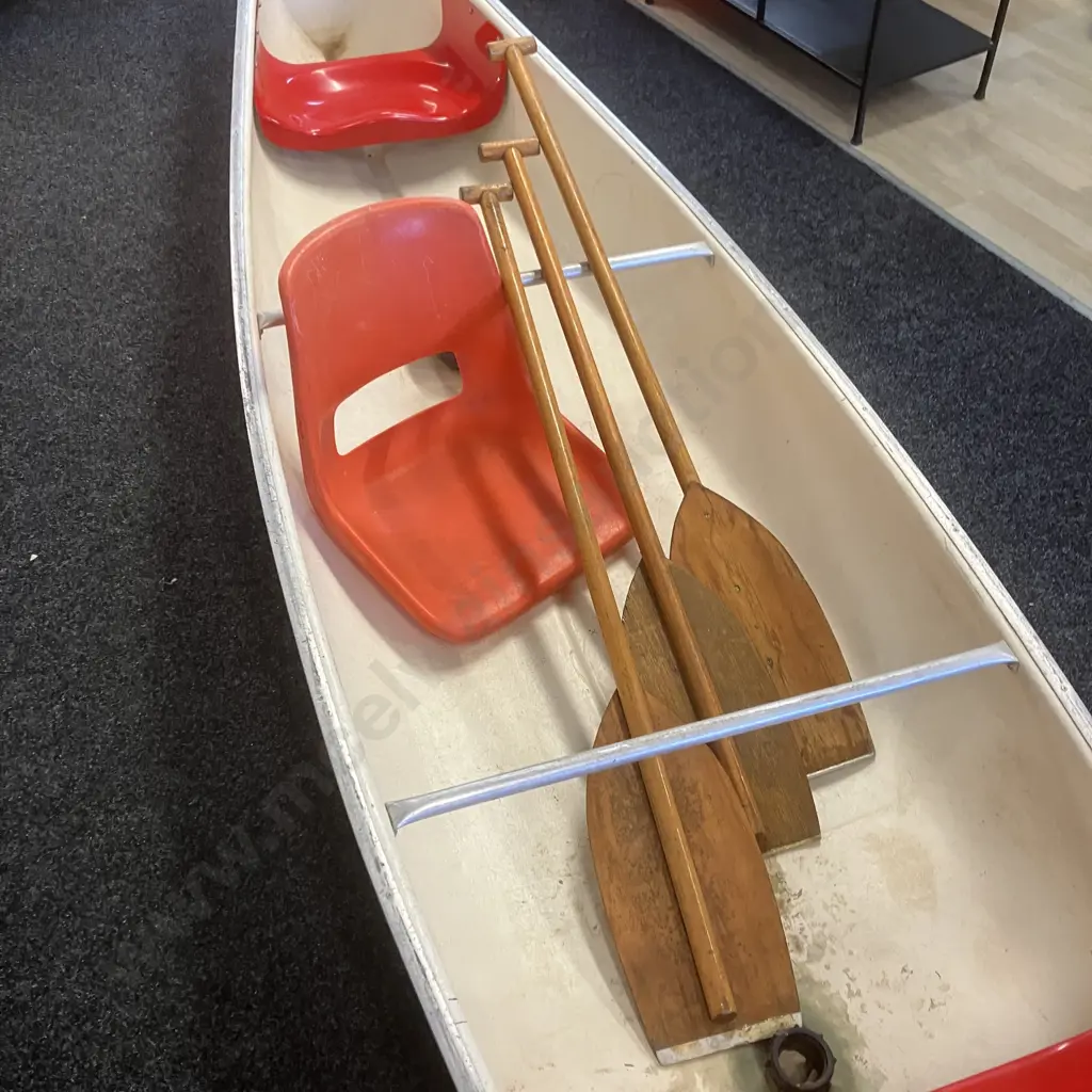 Vintage Novacraft 16' Canadian Canoe With Three Wooden Paddles, Stainless Bracket For Small Outboard Motor Image 1++