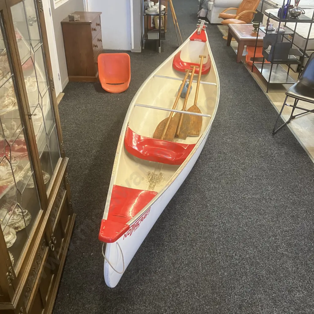 Vintage Novacraft 16' Canadian Canoe With Three Wooden Paddles, Stainless Bracket For Small Outboard Motor Image 1++