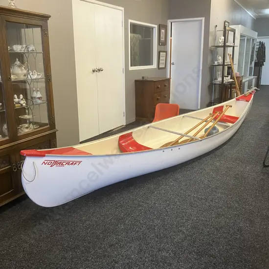 Vintage Novacraft 16' Canadian Canoe With Three Wooden Paddles, Stainless Bracket For Small Outboard Motor