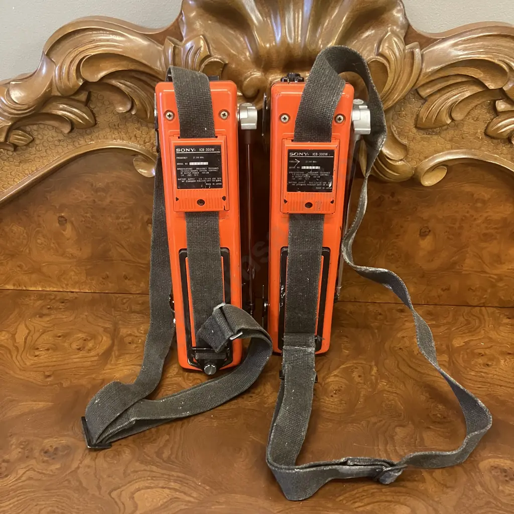 Pair of Sony Transceiver ICB-300W Walkie Talkies IC+FET, 27.240MHz, Orange - Vintage 1970's Japan Image 1++