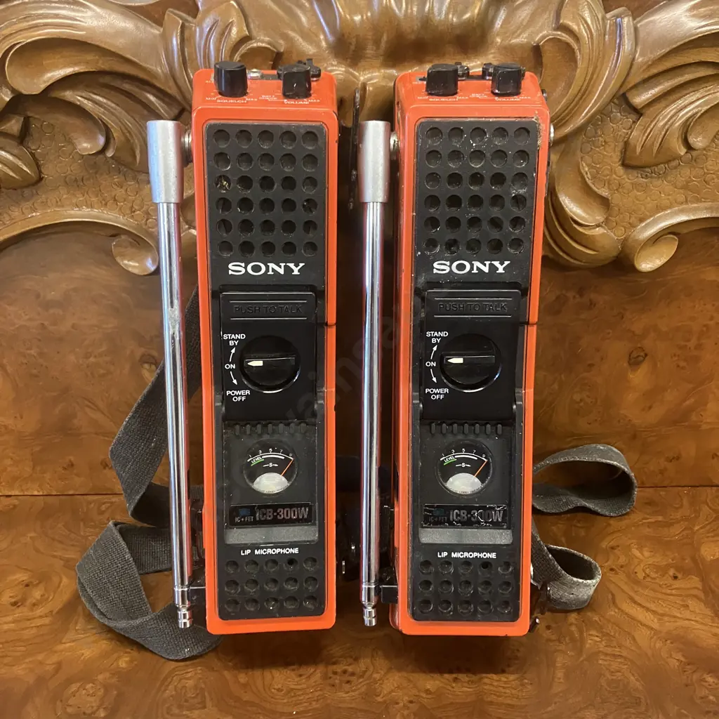 Pair of Sony Transceiver ICB-300W Walkie Talkies IC+FET, 27.240MHz, Orange - Vintage 1970's Japan Image 1++