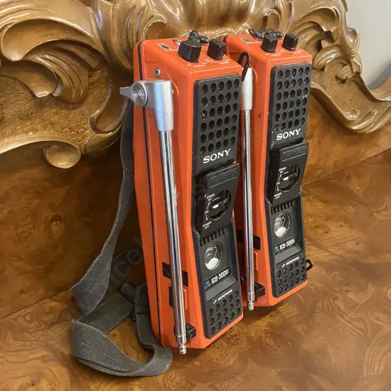 Pair of Sony Transceiver ICB-300W Walkie Talkies IC+FET, 27.240MHz, Orange - Vintage 1970's Japan