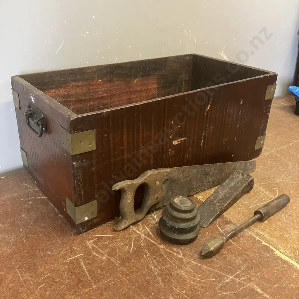 Wooden Box, Steel Handles & Brass Edges (H28 W68 D35cm) With Vintage Items, Solder, Scale Weights, Saw & Wedge Image 1++