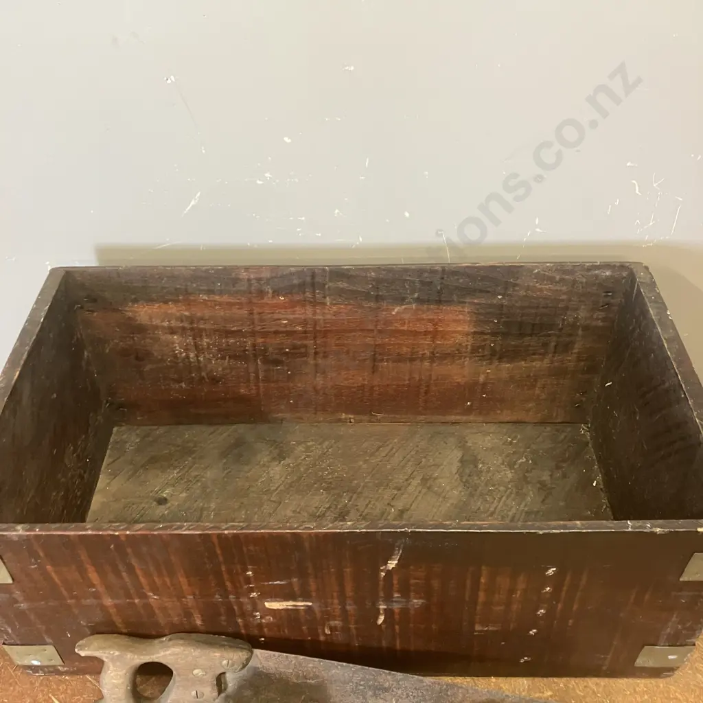 Wooden Box, Steel Handles & Brass Edges (H28 W68 D35cm) With Vintage Items, Solder, Scale Weights, Saw & Wedge Image 1++