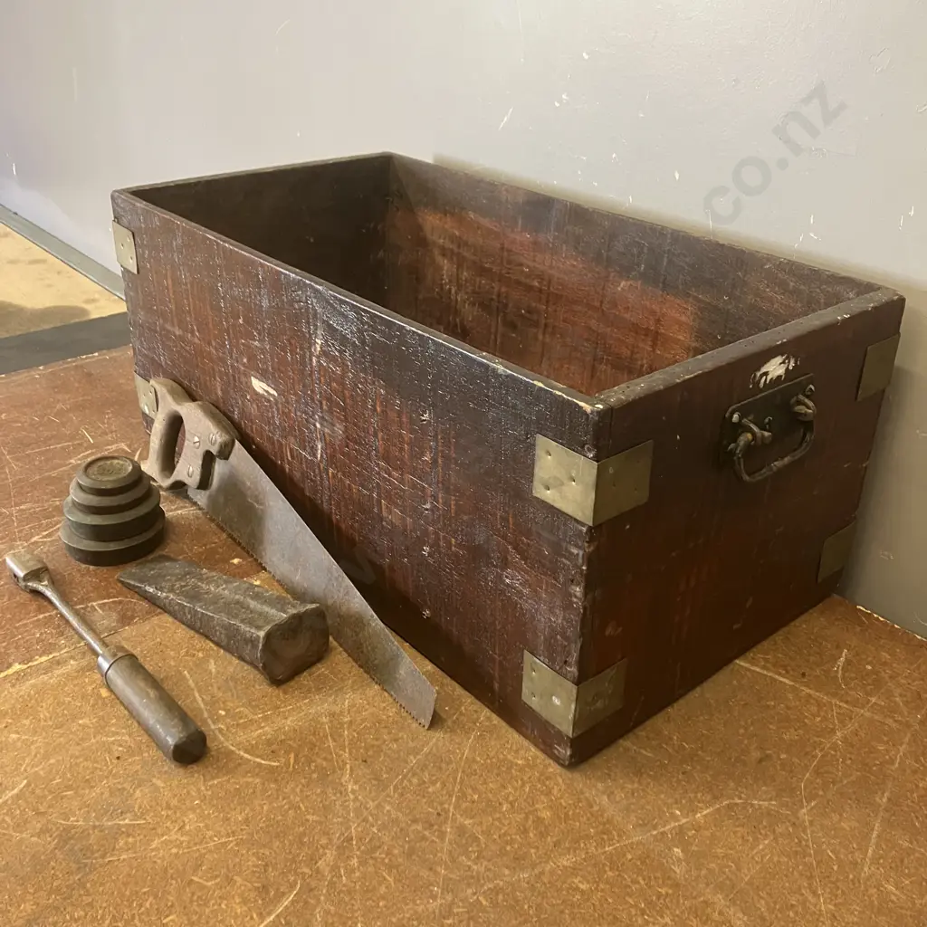 Wooden Box, Steel Handles & Brass Edges (H28 W68 D35cm) With Vintage Items, Solder, Scale Weights, Saw & Wedge Image 1++