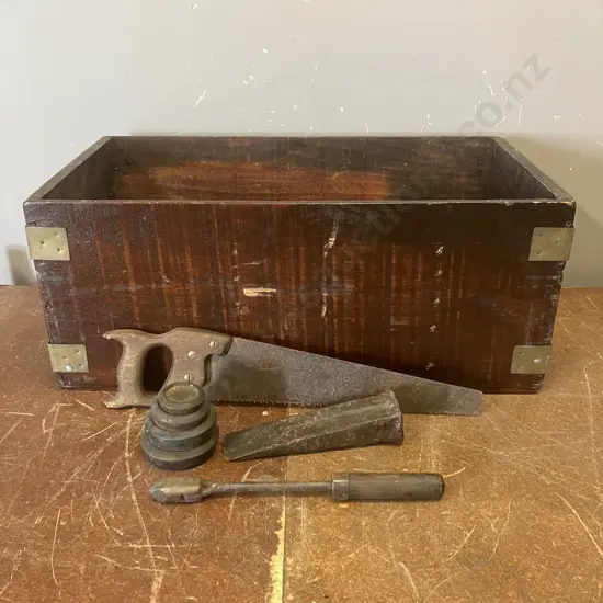 Wooden Box, Steel Handles & Brass Edges (H28 W68 D35cm) With Vintage Items, Solder, Scale Weights, Saw & Wedge
