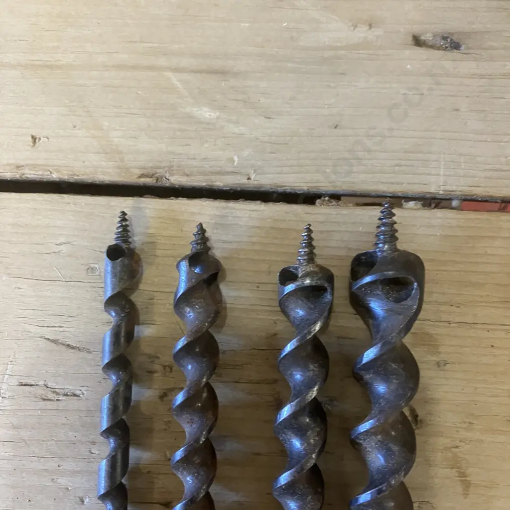 4 x Vintage Bull Nose Scotch Barrel Eyed Timber Framing Augers & 6 x Gimble Bits Image 1++