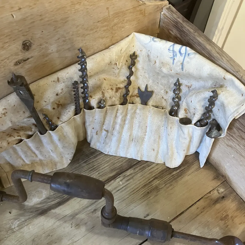 Vintage Brace With Bits In Canvas Pouch Image 1++