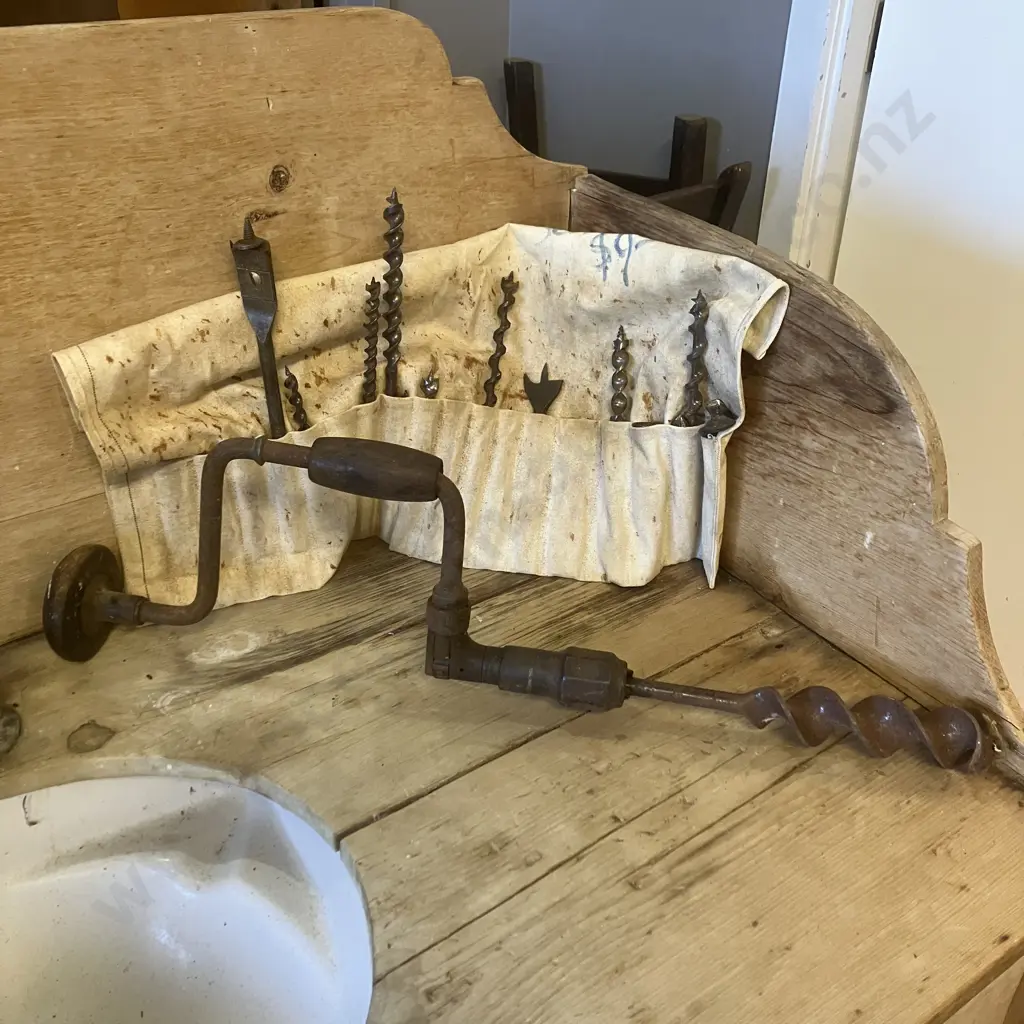 Vintage Brace With Bits In Canvas Pouch Image 1++