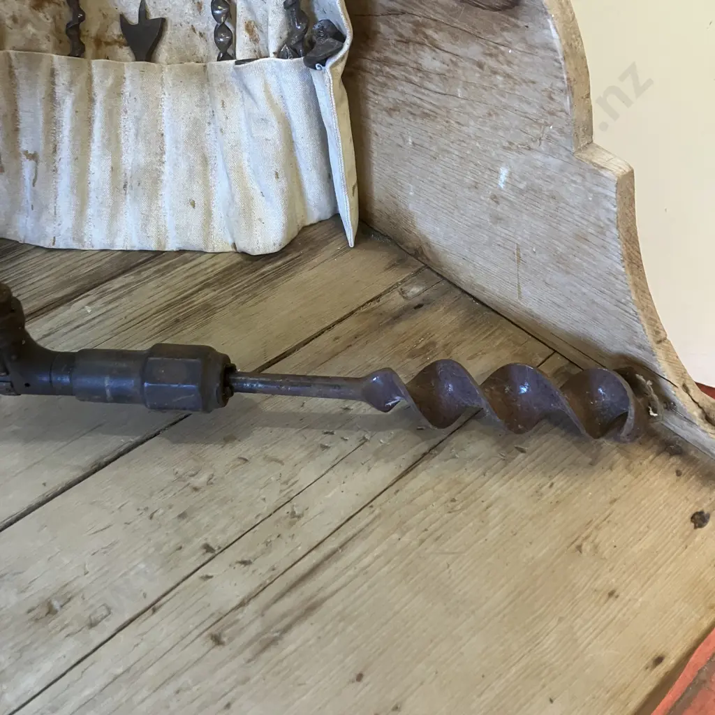 Vintage Brace With Bits In Canvas Pouch Image 1++