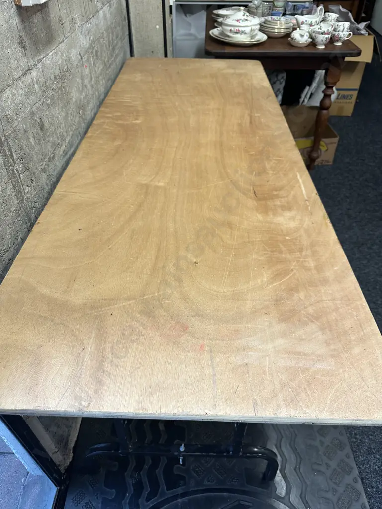 Vintage Plywood Top Trestle Table With Black Metal Folding Base. 180 x 67cm Image 1++