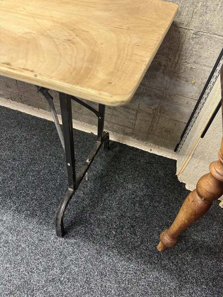 Vintage Plywood Top Trestle Table With Black Metal Folding Base. 180 x 67cm Image 1++