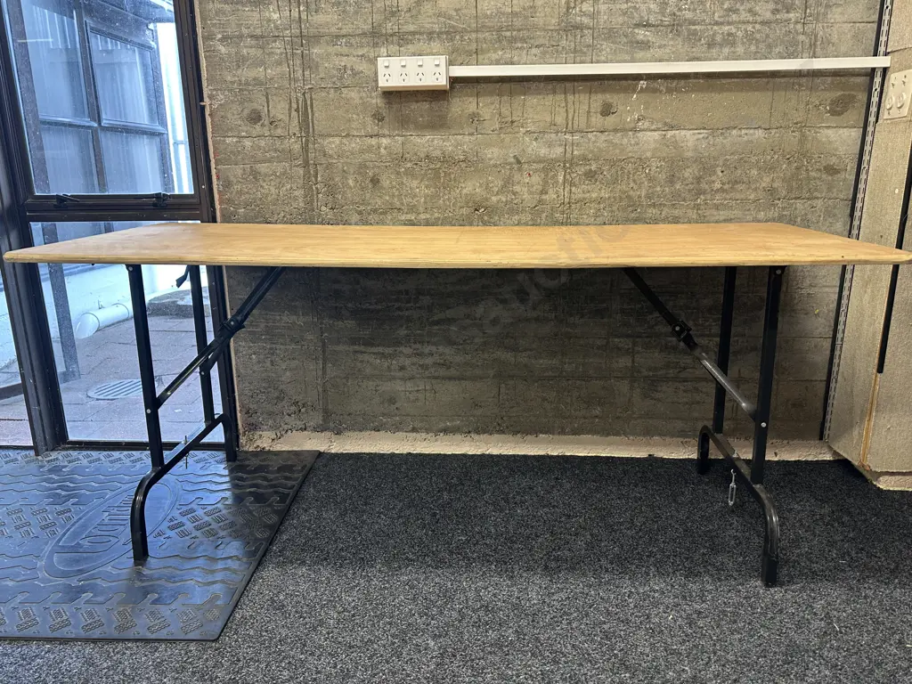 Vintage Plywood Top Trestle Table With Black Metal Folding Base. 180 x 67cm Image 1++