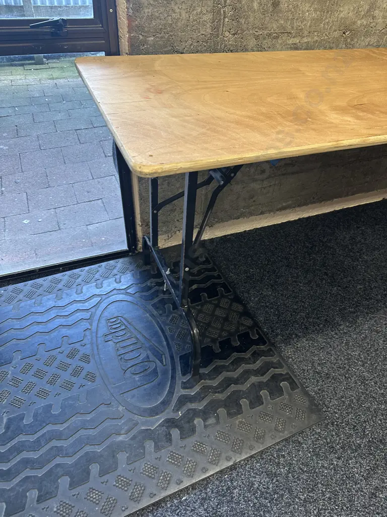 Vintage Plywood Top Trestle Table With Black Metal Folding Base. 180 x 67cm Image 1++