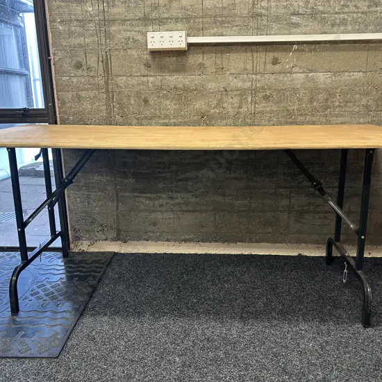 Vintage Plywood Top Trestle Table With Black Metal Folding Base. 180 x 67cm