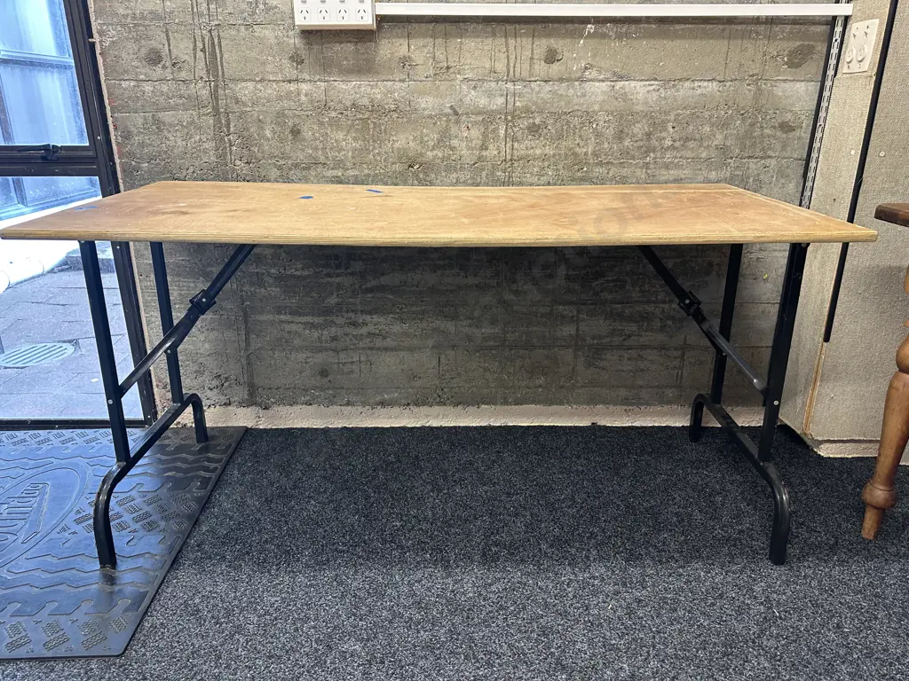Vintage Plywood Top Trestle Table With Black Metal Folding Base. H75 W150 D67cm Image 1++